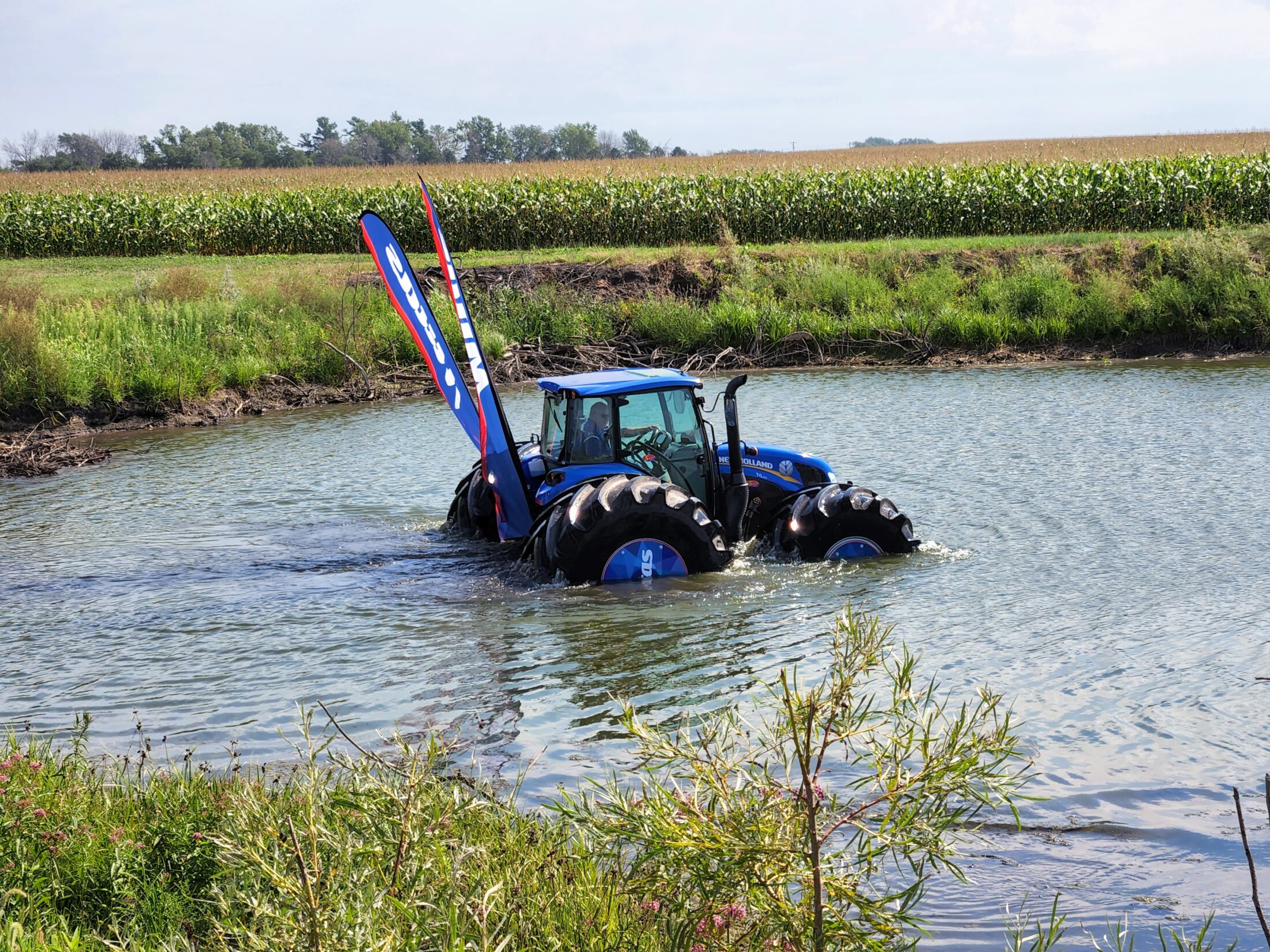 The floating tractor demonstration was held during media day at the Farm Progress Show last Wednesday.